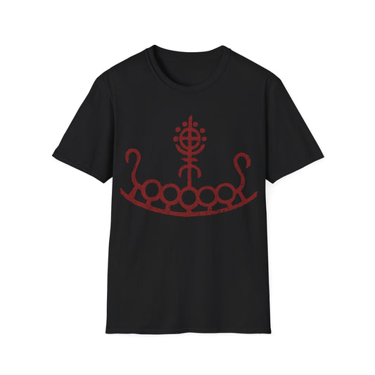 Petroglyph Longship | Norse Pagan | Viking | Unisex Softstyle T-Shirt | Red Design