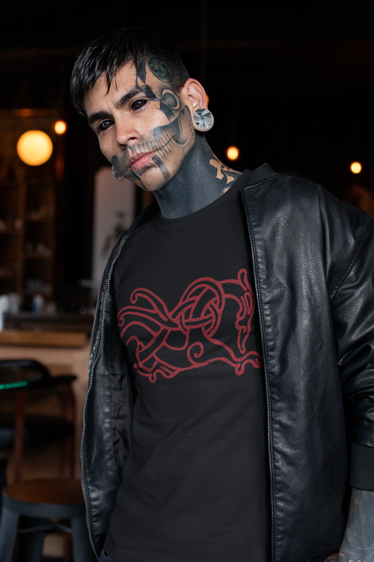Knotwork Beast | Lingsberg Runestone | Norse Pagan | Viking | Unisex Softstyle T-Shirt | Red Design