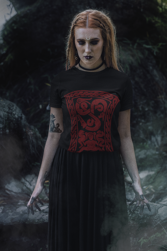 Snake-Witch Stone | Norse Pagan | Viking | Unisex Softstyle T-Shirt | Red Design